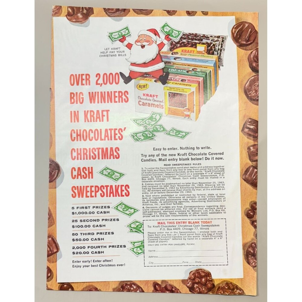 Kraft Chocolate Covered Candy Vintage Print Ad 1960s Christmas Sweepstakes Form
